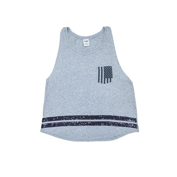 Victoria's Secret PINK Gray Tank Top - Sequin Flag Pocket & PINK Back - Size L - Picture 2 of 4